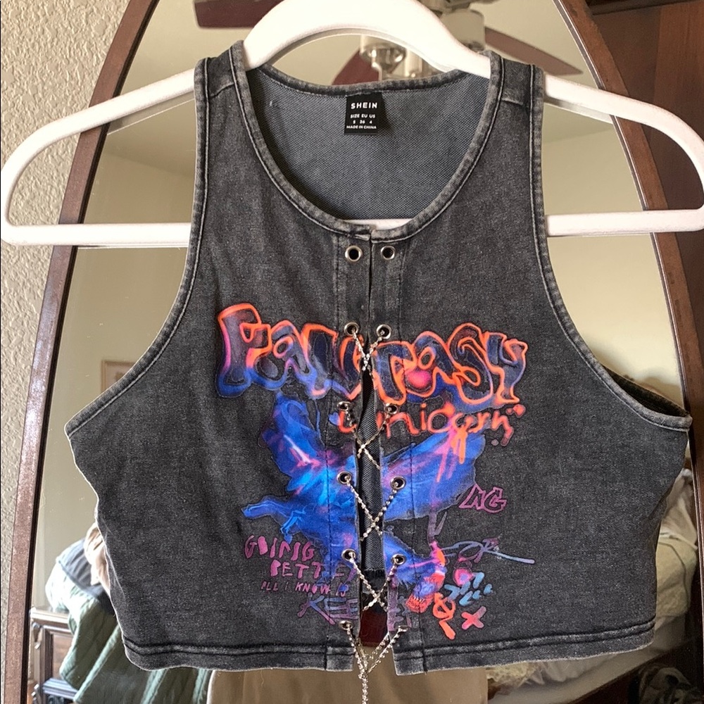 Shein Gray Graphic Corset-Front Crop Top